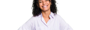 Brazilian woman smiling on white background