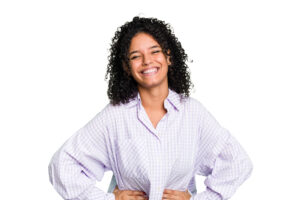 Brazilian woman smiling on white background